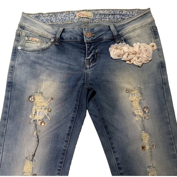 Fairy flowerJeans, BOHO, jewels, lace cream roses, rose gold gems, 28 X 33 c-6 - Picture 2 of 16